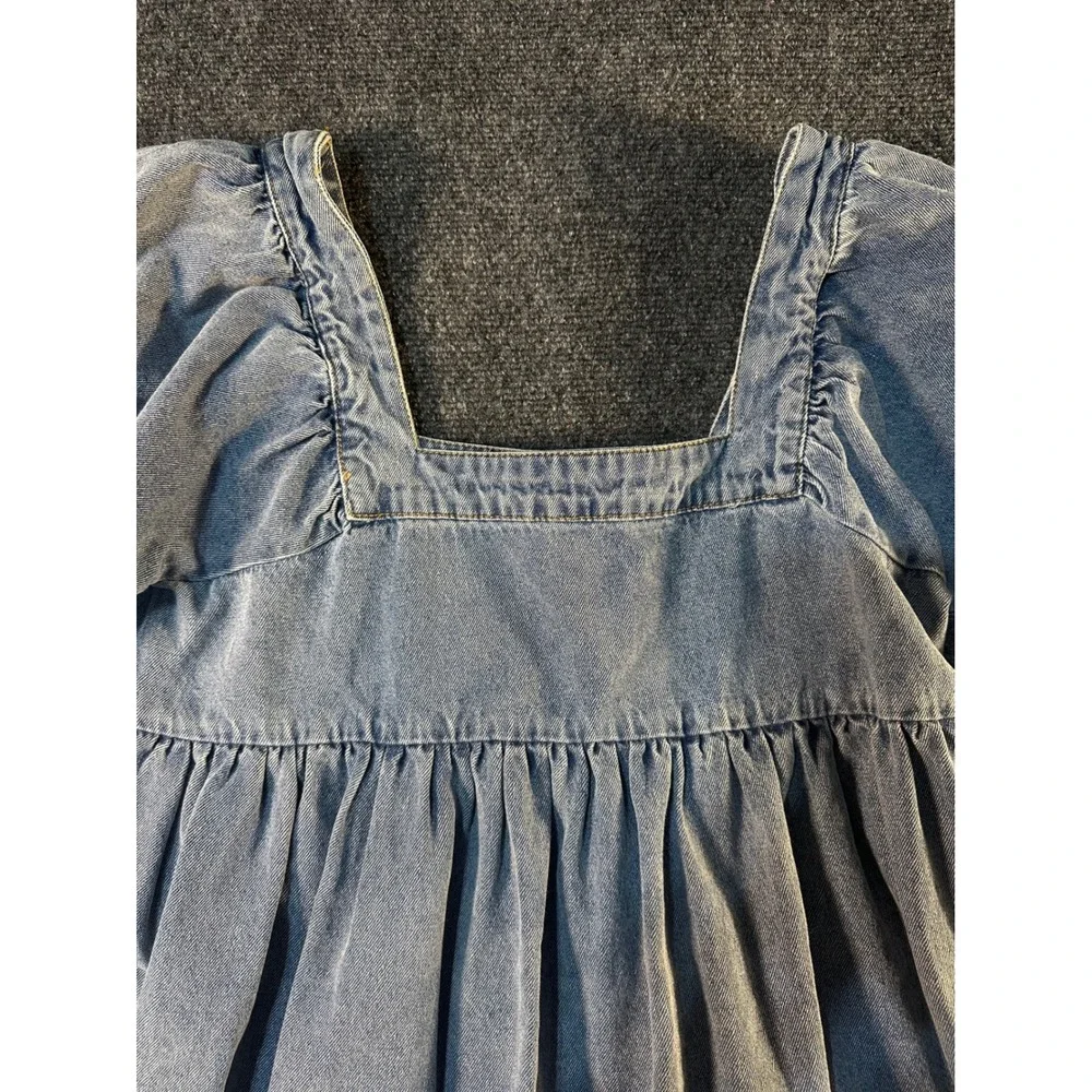 Rylee + Cru Denim Puff Sleeve Babydoll Dress Square Neck Blue Medium BOHO - Picture 2 of 8